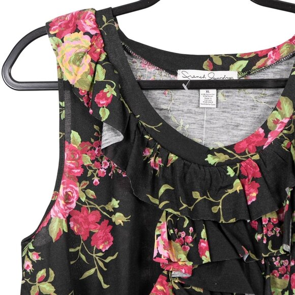 French Laundry Tank Womens XL NEW Floral Ruffled Sleeveless Top Black Pink Shirt - Picture 2 of 6